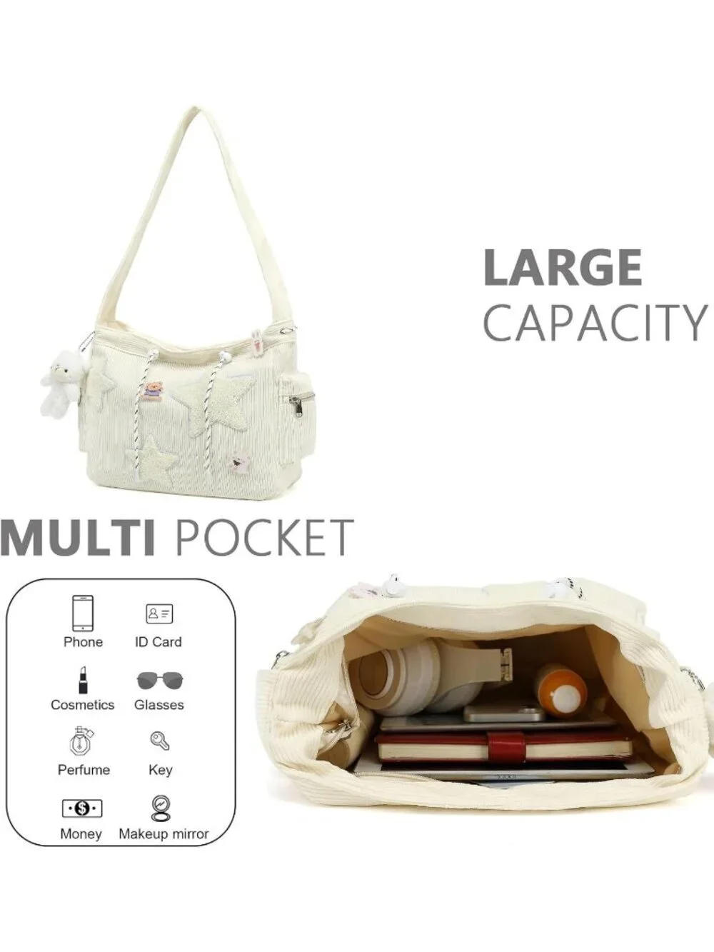 Women's White Zipper Kawaii Corduroy Star Crossbody Shoulder Purse